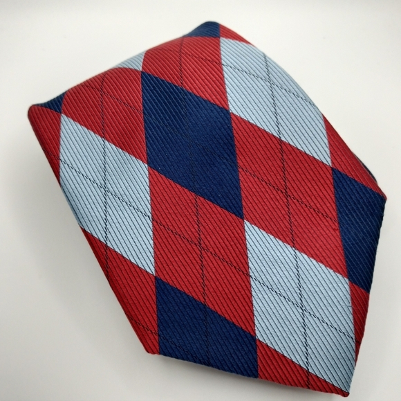 Bill Blass Stylish Red and Blue Men's Tie Necktie Geometric Argyle Red Blue Silk - Picture 1 of 13